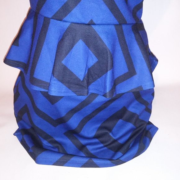 Dots Peplum Dress Large Black Blue Geo Sleeveless Scoop Neck Pencil Pit to Pit 1 - Picture 9 of 10